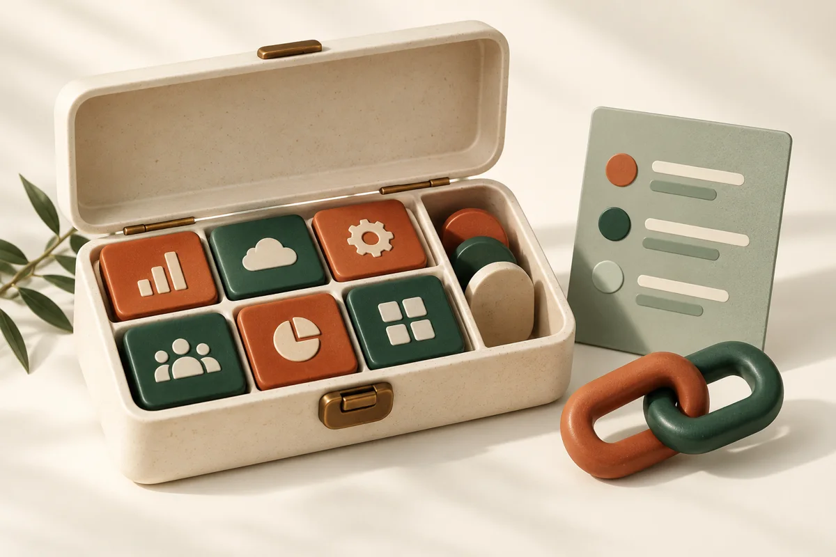 Open cream toolbox of software modules beside a comparison card and interlocking links.