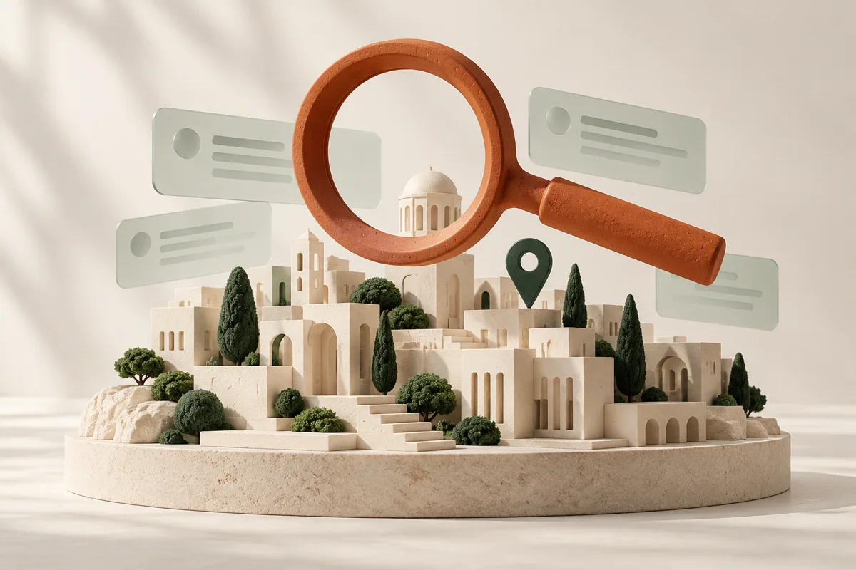 Terracotta magnifying glass above a miniature city with search cards and a location marker.