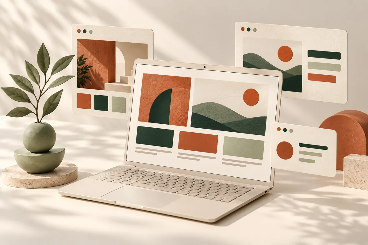 Cream laptop surrounded by modular website layouts in terracotta and forest green.
